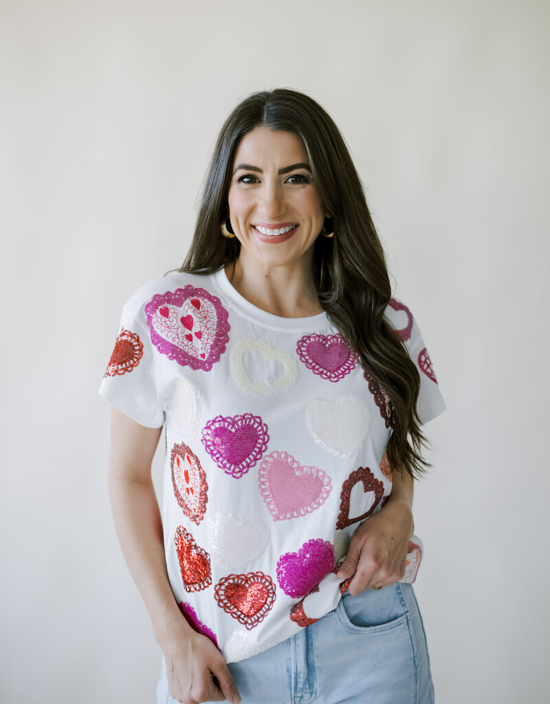 Queen of Sparkles White Multi Doily Heart Tee