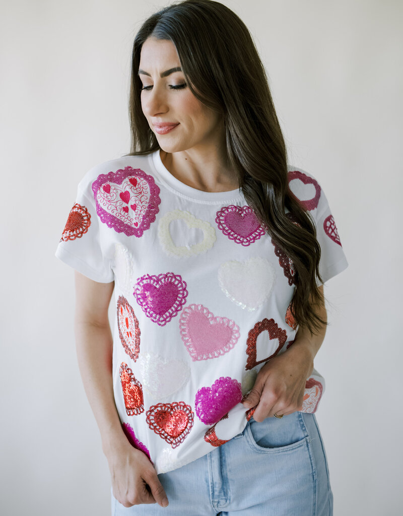Queen of Sparkles White Multi Doily Heart Tee