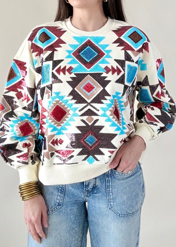 Queen of Sparkles Beige Big Aztec Print Sweatshirt