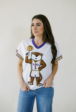 Queen of Sparkles Licensed White, Purple, & Yellow LSU Basketball Jersey Tee