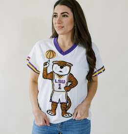 Queen of Sparkles Licensed White, Purple, & Yellow LSU Basketball Jersey Tee