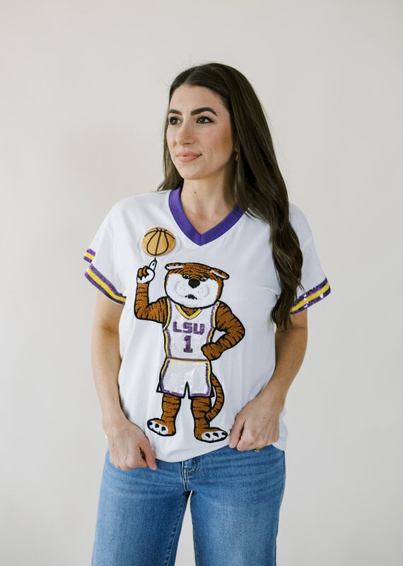 Queen of Sparkles Licensed White, Purple, & Yellow LSU Basketball Jersey Tee