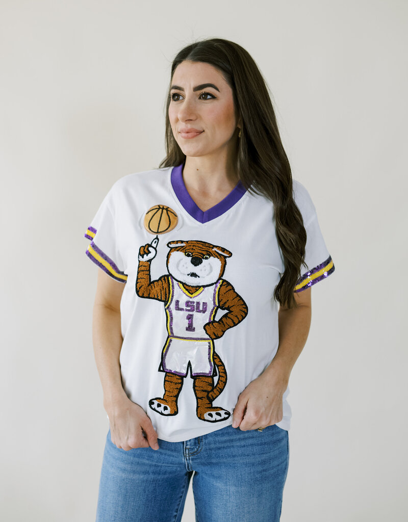 Queen of Sparkles Licensed White, Purple, & Yellow LSU Basketball Jersey Tee