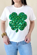 Queen of Sparkles White & Green Sequin Flower Shamrock Tee
