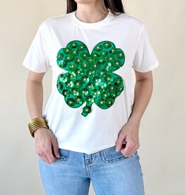 Queen of Sparkles White & Green Sequin Flower Shamrock Tee
