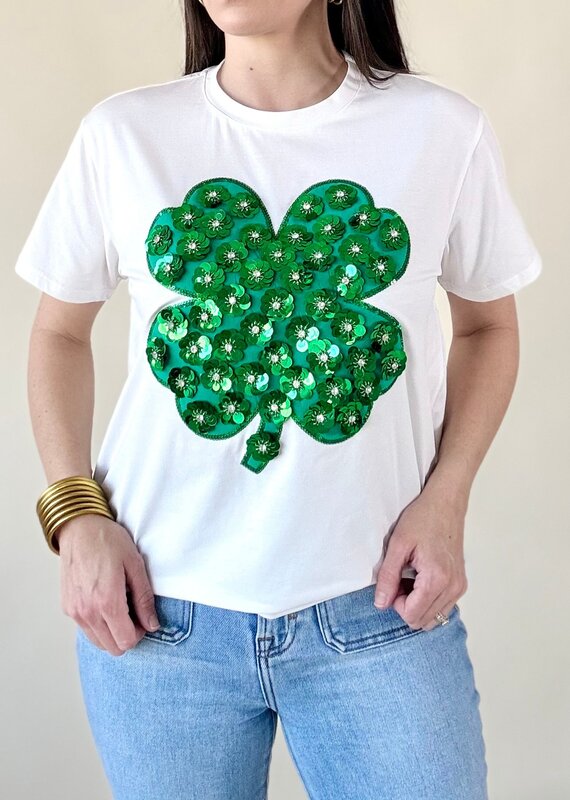 Queen of Sparkles White & Green Sequin Flower Shamrock Tee