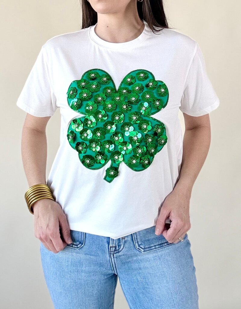 Queen of Sparkles White & Green Sequin Flower Shamrock Tee