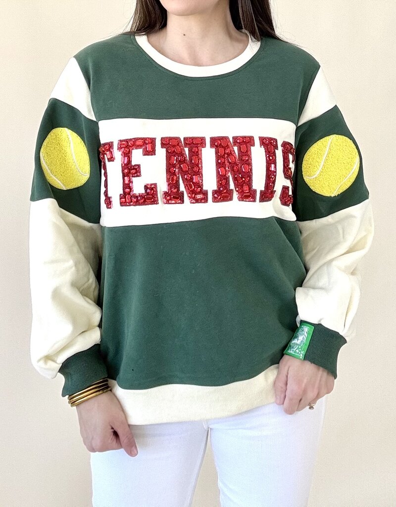 Queen of Sparkles Green, White, & Red Jeweled Tennis Sweatshirt