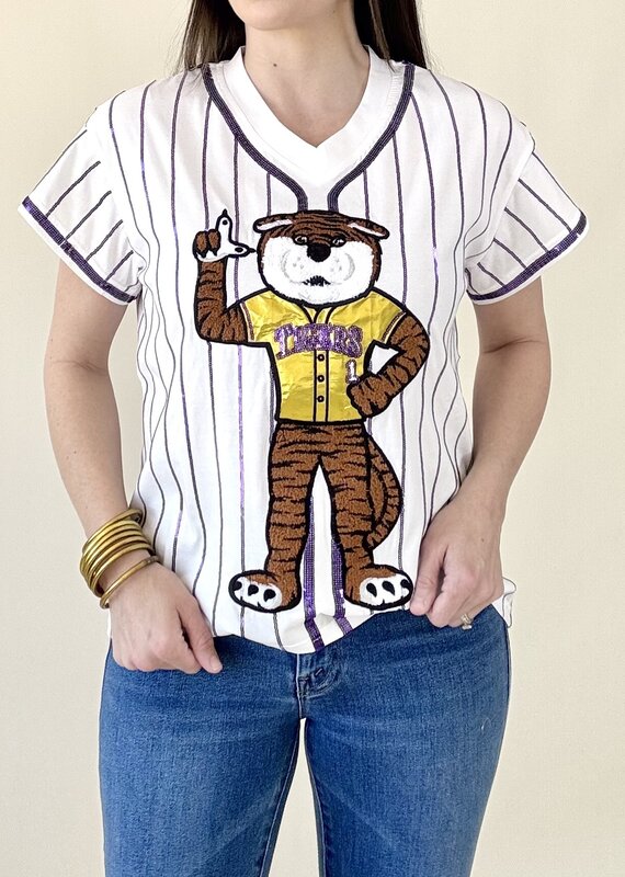 Queen of Sparkles Licensed White & Purple Stripe LSU Tiger Tee