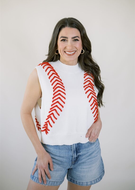 Queen of Sparkles White Baseball Stitch Sweater Vest