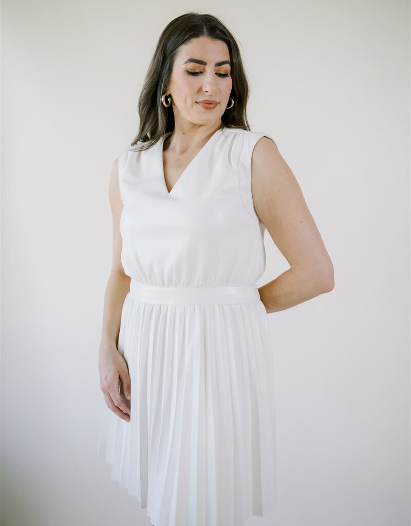Faux Leather Pleated Skirt Dress Creme