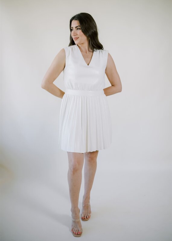 Faux Leather Pleated Skirt Dress Creme