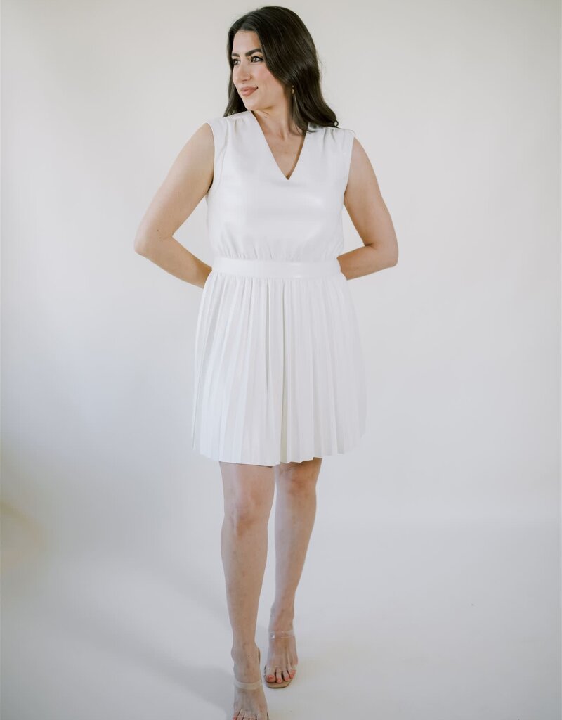 Faux Leather Pleated Skirt Dress Creme