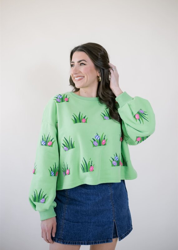 Queen of Sparkles Lime Green Easter Egg in Grass Sweatshirt