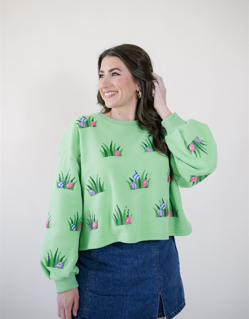 Queen of Sparkles Lime Green Easter Egg in Grass Sweatshirt