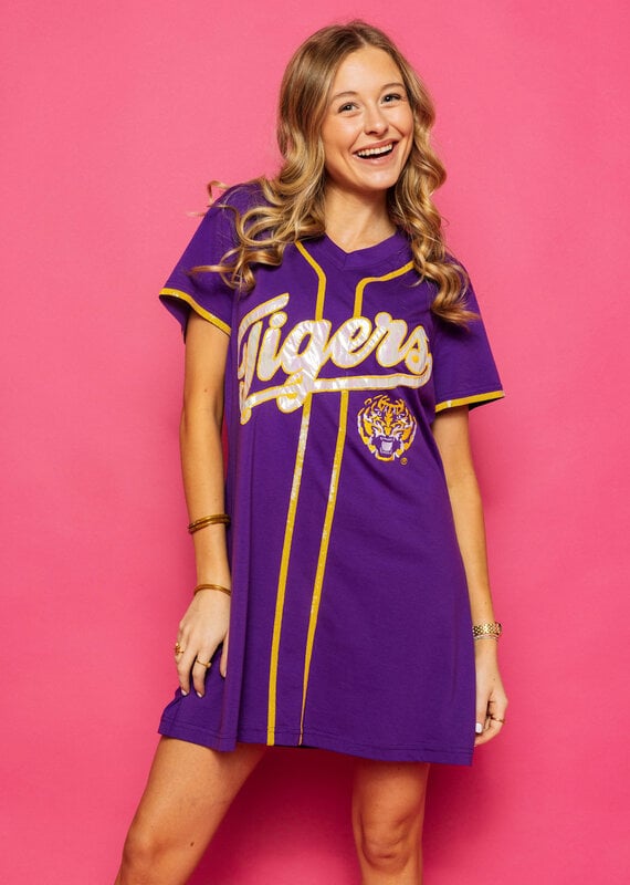 Queen of Sparkles Licensed LSU Tigers Baseball Jersey Tee Dress