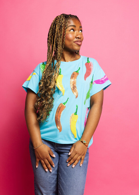Queen of Sparkles Aqua Multi Chili Pepper Tee