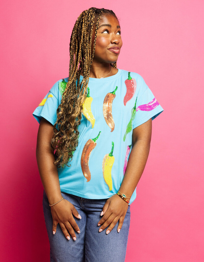 Queen of Sparkles Aqua Multi Chili Pepper Tee