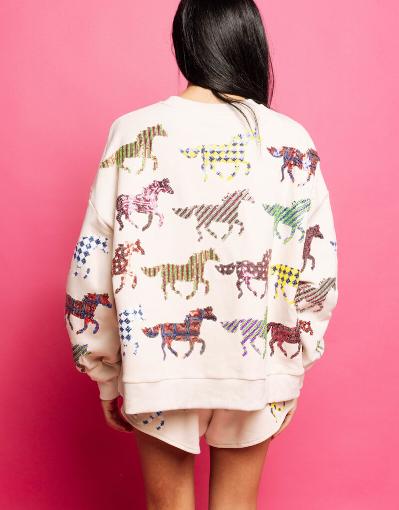 Queen of Sparkles Beige Multi Print Horse Sweatshirt
