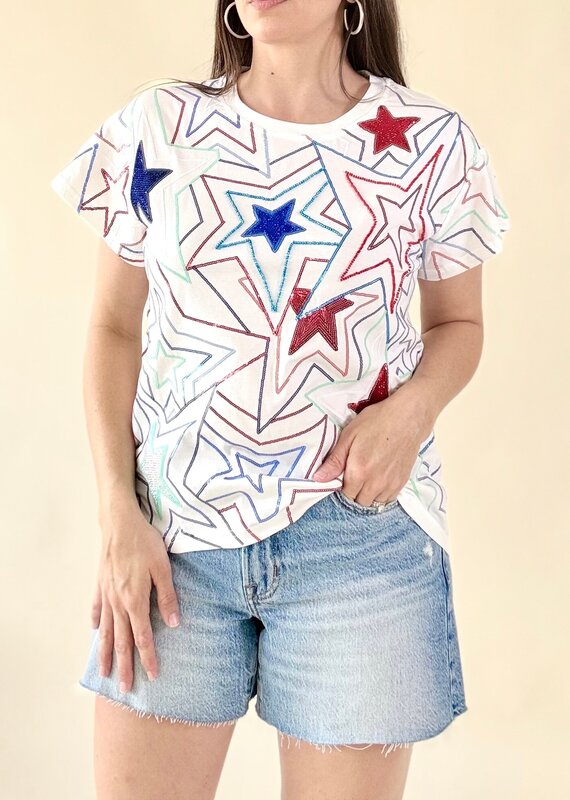 Queen of Sparkles White, Red, & Blue Groovy Star Tee