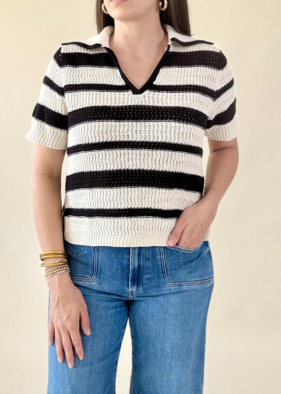 Sanctuary Knitted Collared Top Black/Chalk