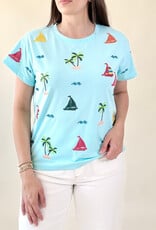Queen of Sparkles Aqua Sail Boat & Palm Tree Icon Tee