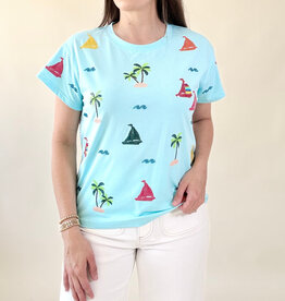 Queen of Sparkles Aqua Sail Boat & Palm Tree Icon Tee