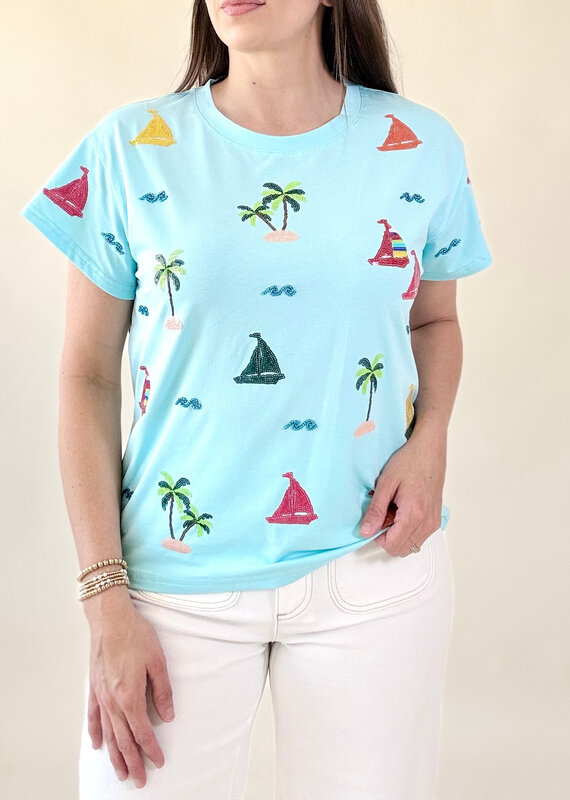 Queen of Sparkles Aqua Sail Boat & Palm Tree Icon Tee