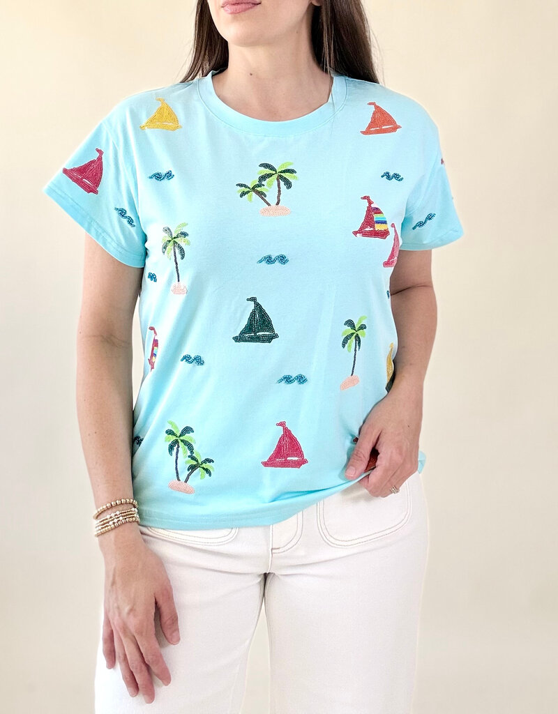 Queen of Sparkles Aqua Sail Boat & Palm Tree Icon Tee