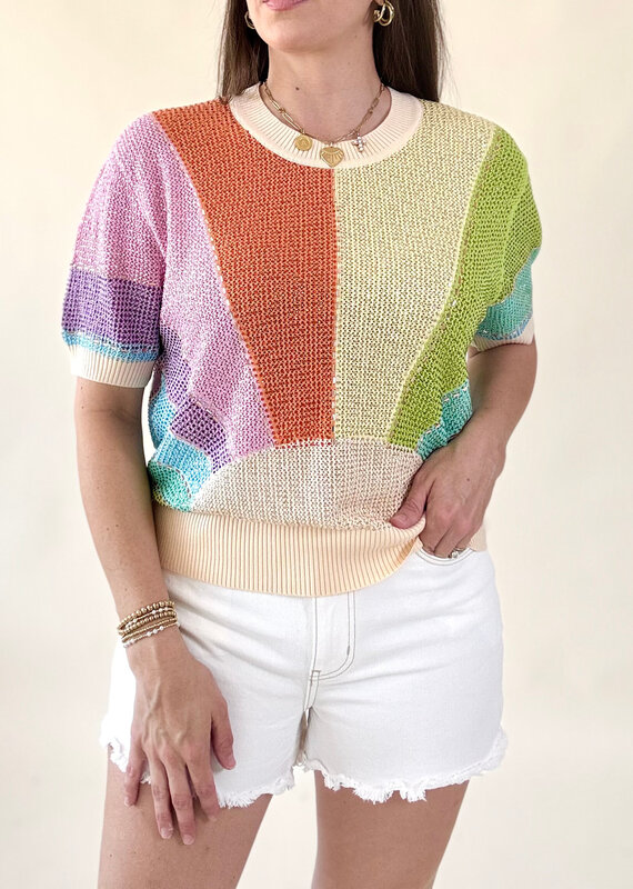 Queen of Sparkles Rainbow Rhinestone Sunshine Short Sleeve Sweater
