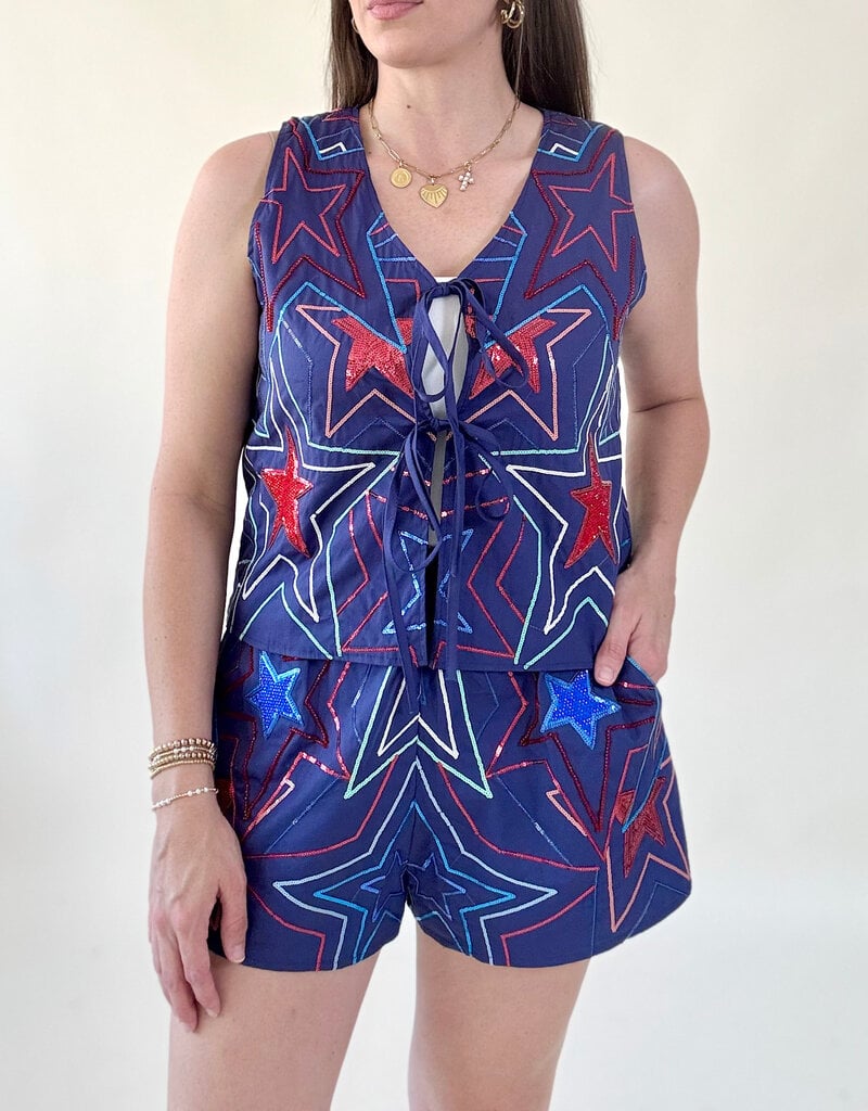 Queen of Sparkles Navy Groovy Star Tie Tank
