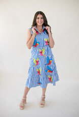 Queen of Sparkles Navy & White Stripe Multi Parrot Midi Cotton Dress