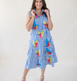 Queen of Sparkles Navy & White Stripe Multi Parrot Midi Cotton Dress