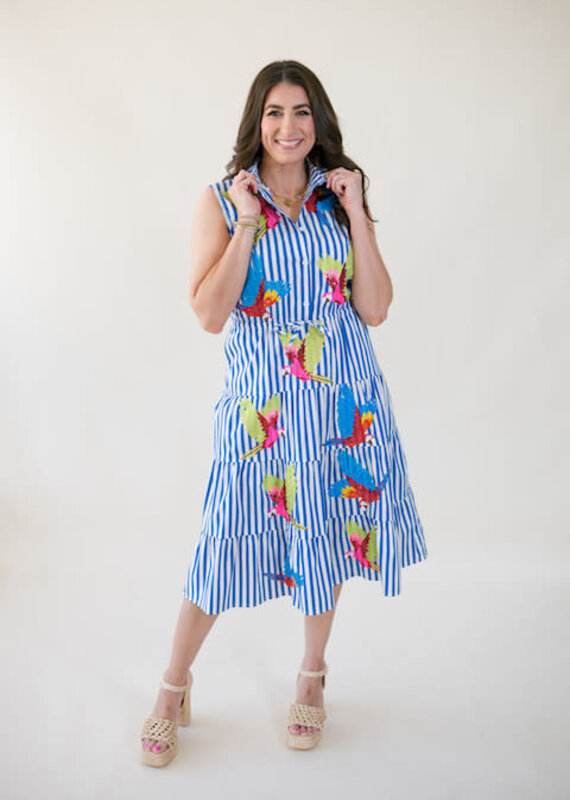 Queen of Sparkles Navy & White Stripe Multi Parrot Midi Cotton Dress