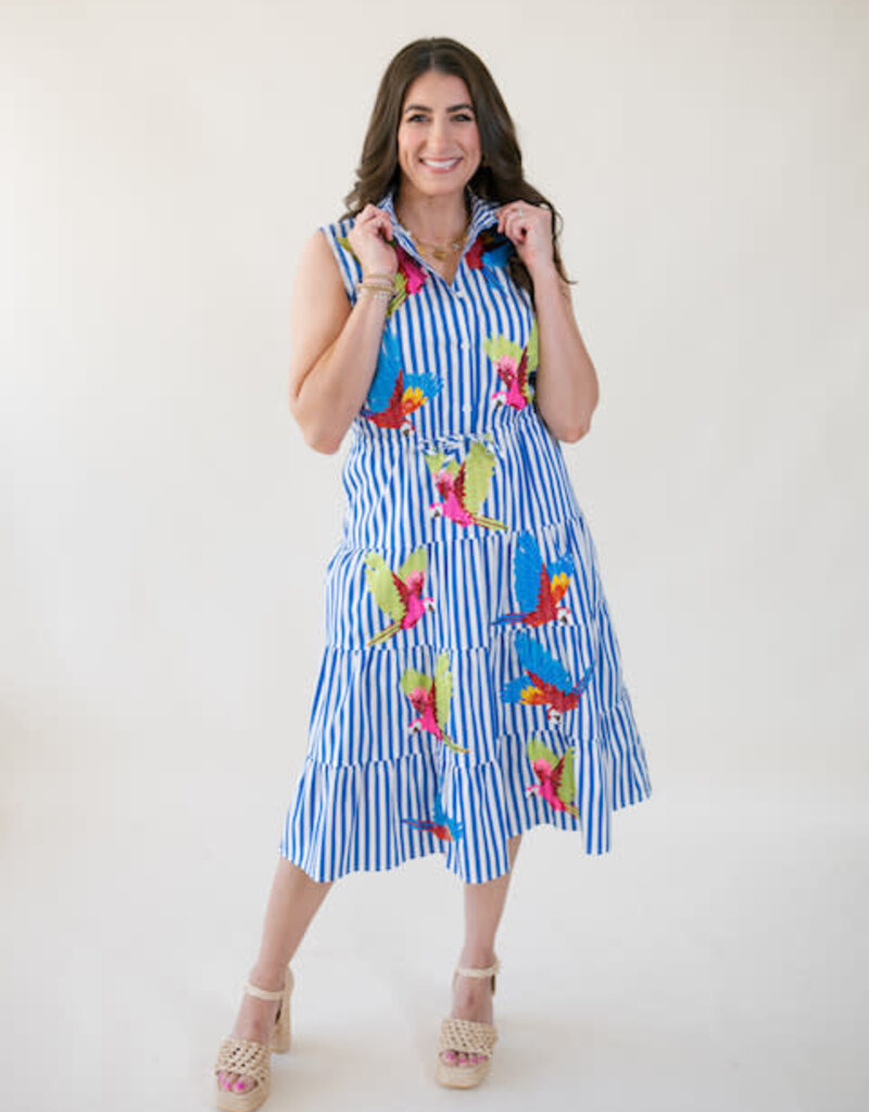 Queen of Sparkles Navy & White Stripe Multi Parrot Midi Cotton Dress