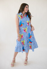 Queen of Sparkles Navy & White Stripe Multi Parrot Midi Cotton Dress