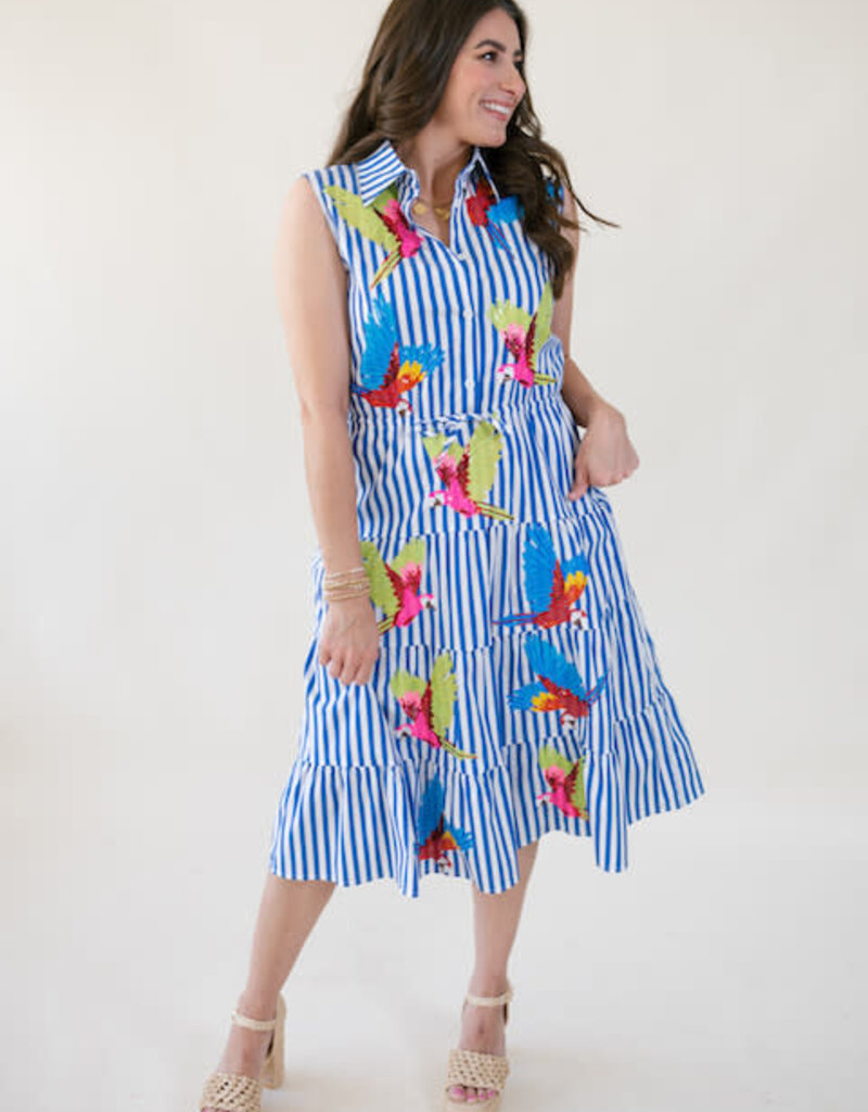 Queen of Sparkles Navy & White Stripe Multi Parrot Midi Cotton Dress