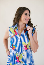 Queen of Sparkles Navy & White Stripe Multi Parrot Midi Cotton Dress
