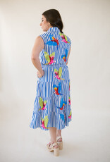 Queen of Sparkles Navy & White Stripe Multi Parrot Midi Cotton Dress