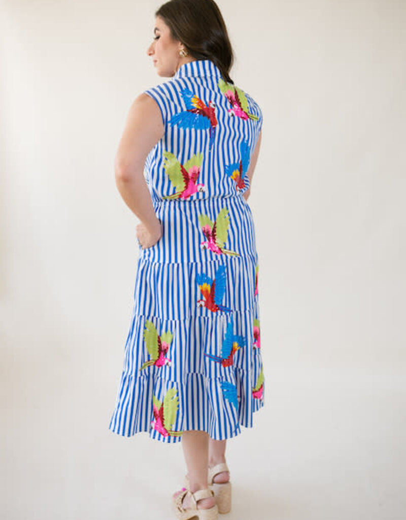 Queen of Sparkles Navy & White Stripe Multi Parrot Midi Cotton Dress