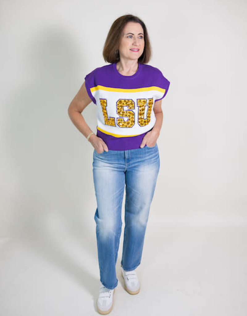 Queen of Sparkles Licensed LSU Colorblock Jewel Letter S/S Sweater