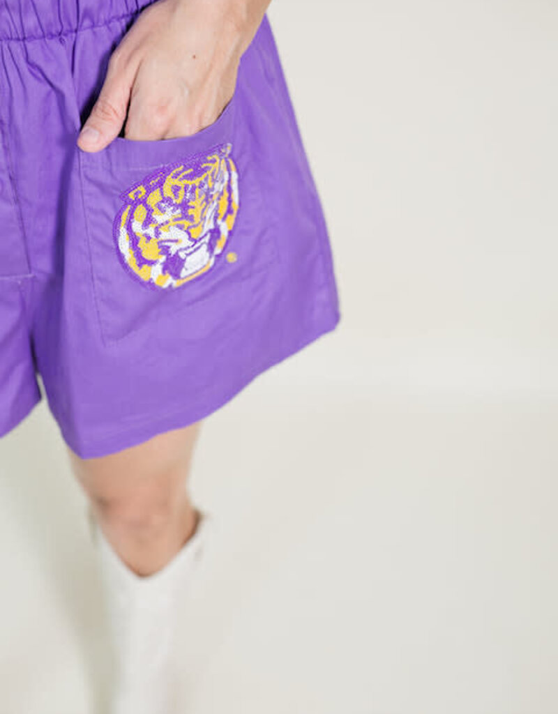 Queen of Sparkles Licensed Purple & Gold LSU Tiger Head Pocket Romper