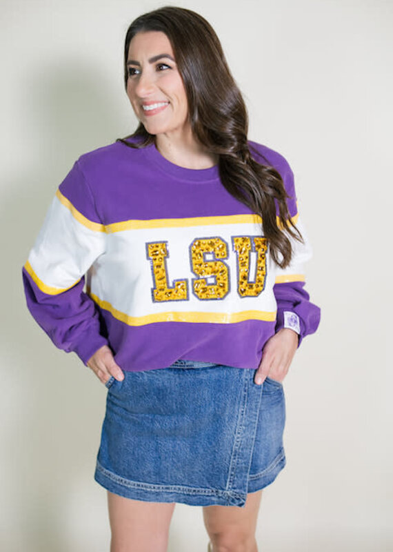 Queen of Sparkles Licensed LSU Colorblock Jeweled Letter Sweatshirt