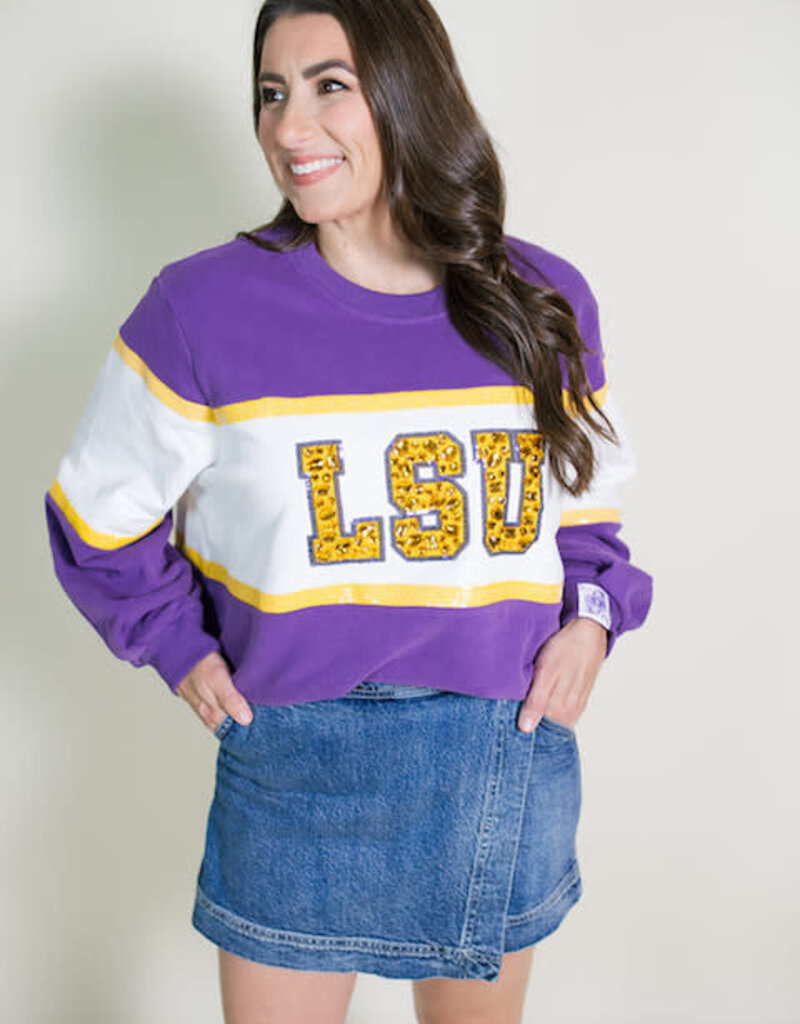 Queen of Sparkles Licensed LSU Colorblock Jeweled Letter Sweatshirt