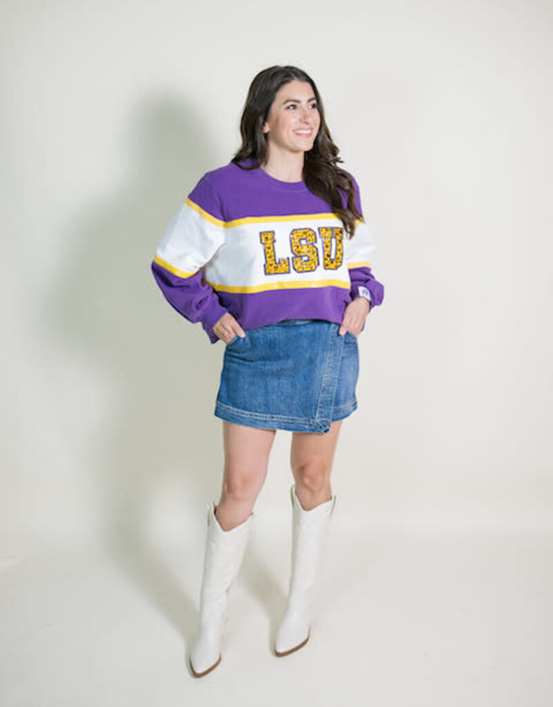 Queen of Sparkles Licensed LSU Colorblock Jeweled Letter Sweatshirt
