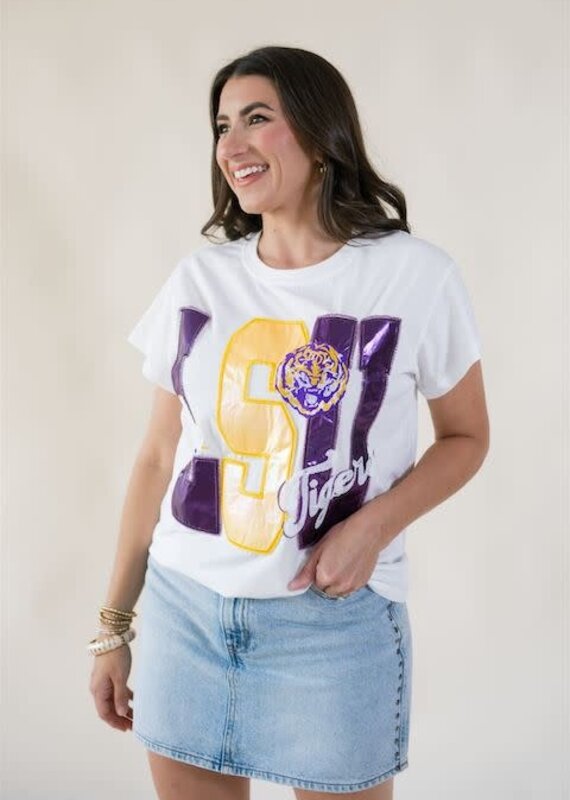 Queen of Sparkles Licensed LSU Metallic Word w/ Icons Tee