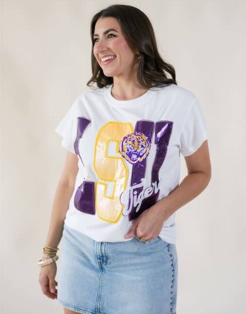 Queen of Sparkles Licensed LSU Metallic Word w/ Icons Tee