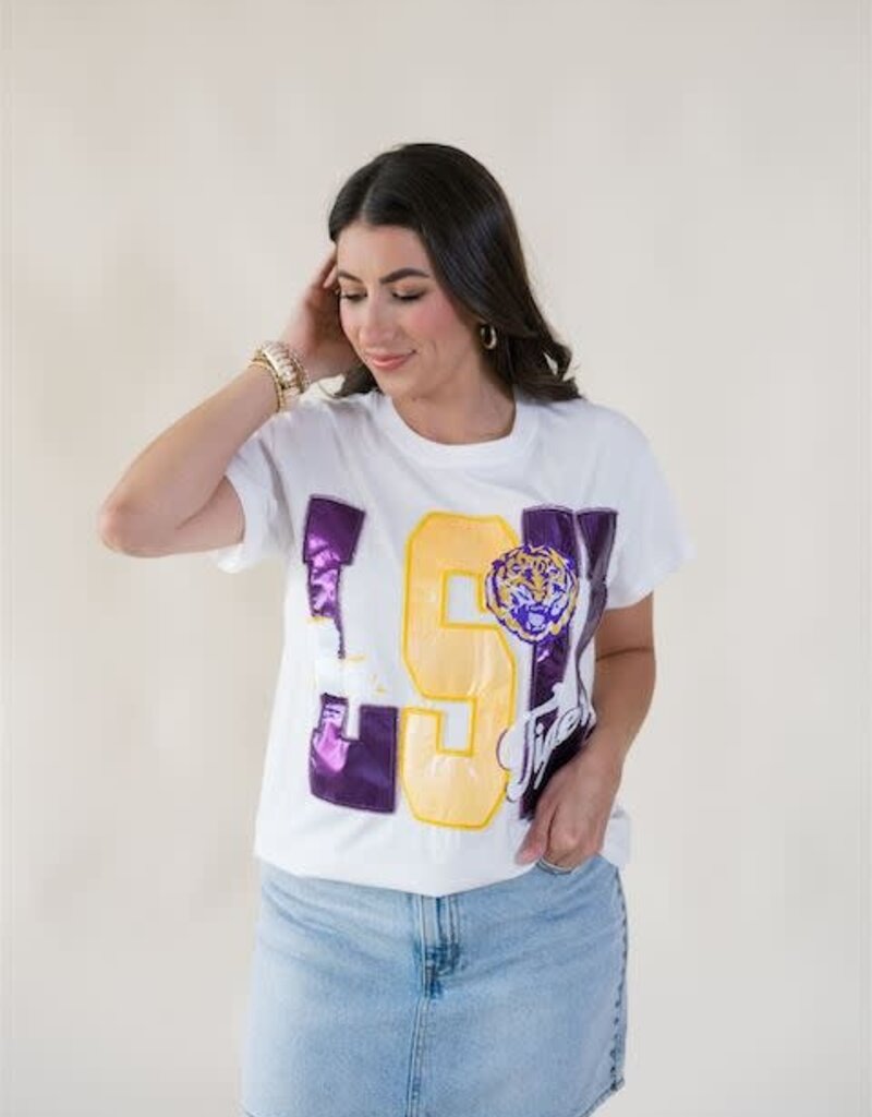 Queen of Sparkles Licensed LSU Metallic Word w/ Icons Tee