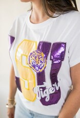 Queen of Sparkles Licensed LSU Metallic Word w/ Icons Tee