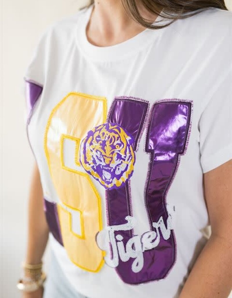Queen of Sparkles Licensed LSU Metallic Word w/ Icons Tee